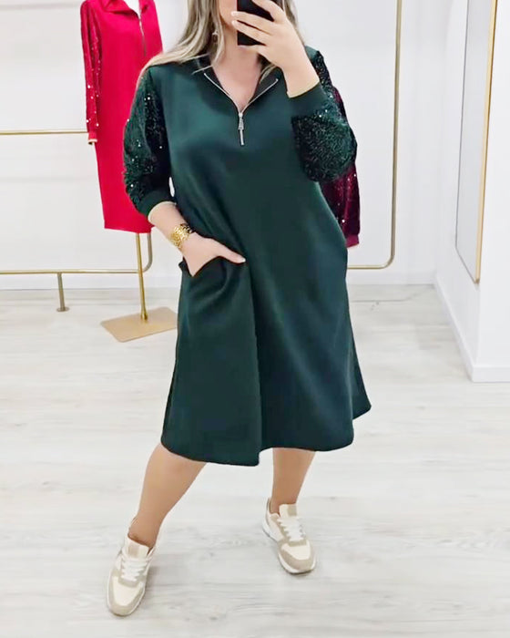 Hooded Zipper Sequin Patchwork Dress
