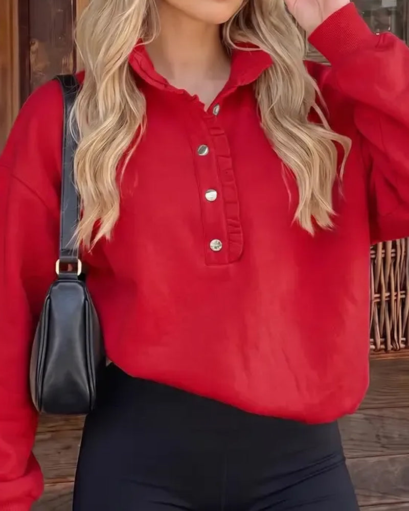 Ruffled Buttoned Long-Sleeved Loose Sweatshirt