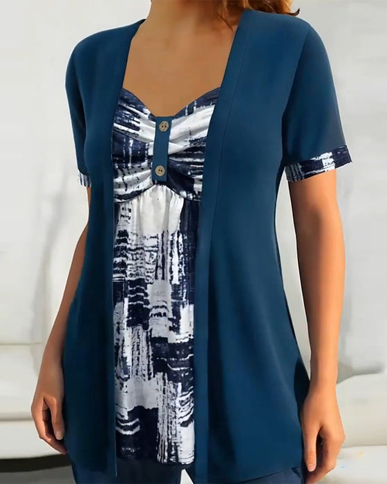 Printed Fake Two Piece Irregular Blouse