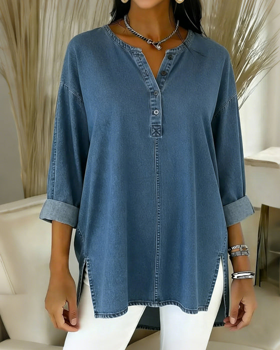 Button-Down V-Neck Denim Top