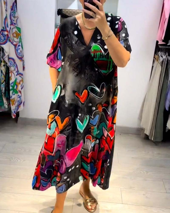 V-neck printed love casual dress