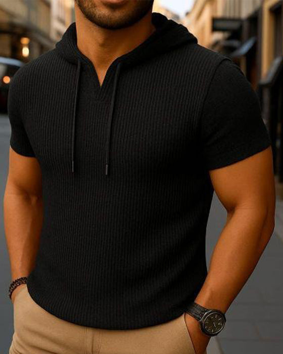V-Neck Slit Vertical Stripe Short Sleeve Hoodie T-Shirt