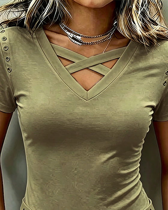 Cross Strap Hollow Out Slim Fit T-Shirt