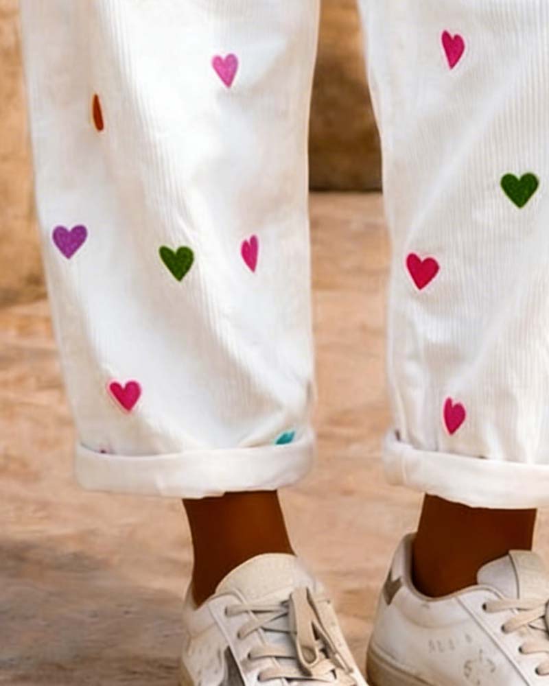 Heart Elastic Waist Wide Leg Cropped Pants