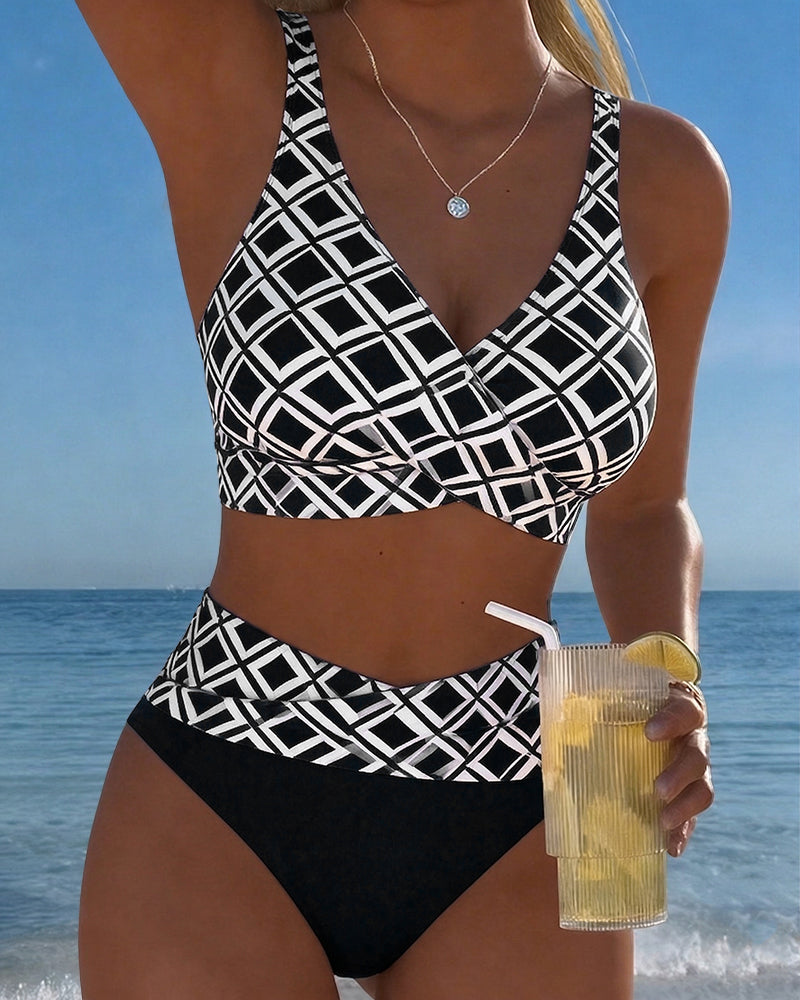 Diamond-Patterned Bra-Style Two-Piece Swimsuit