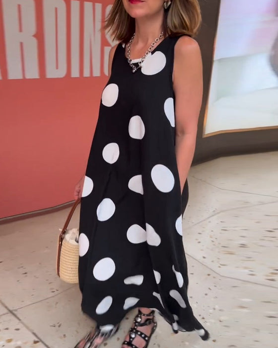 Sleeveless polka dot long dress