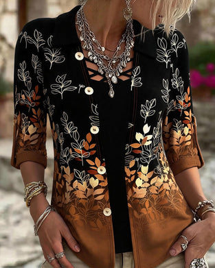 Gradient Autumn Leaf Print Mock Two-Piece Top