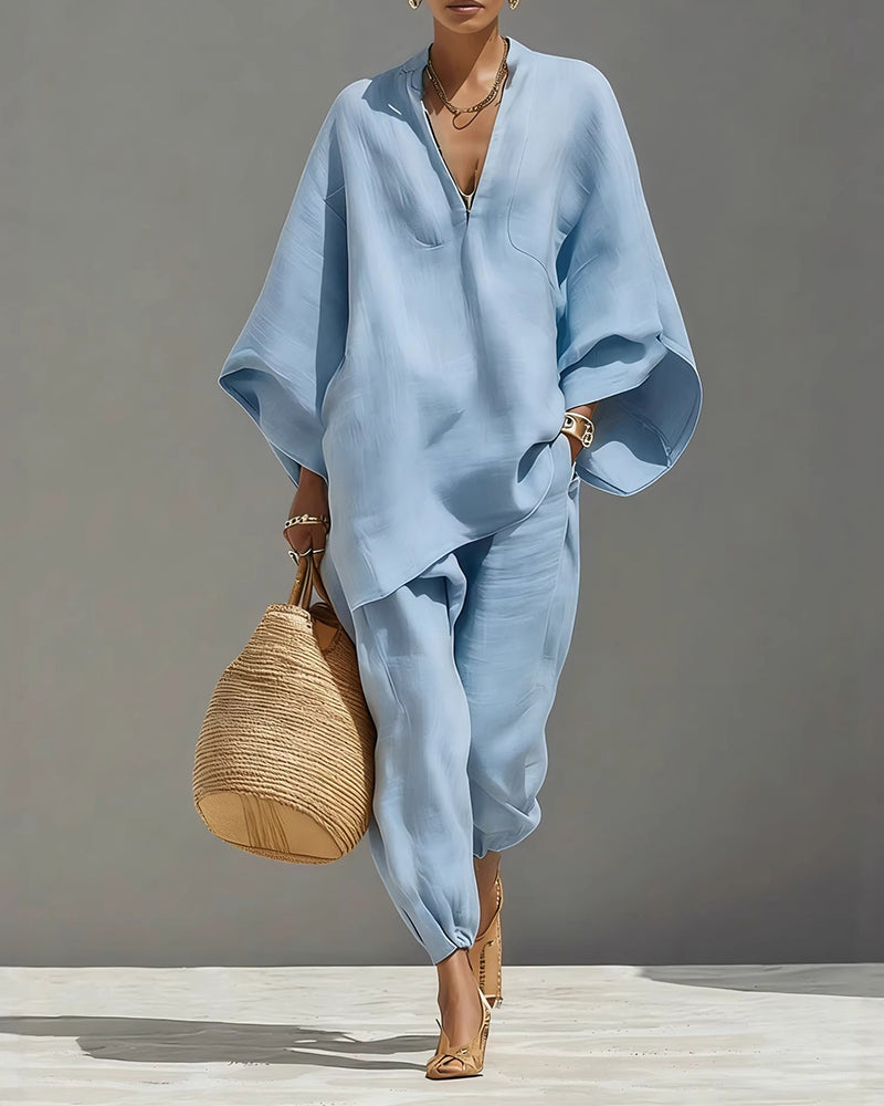 V-Neck Relaxed Sleeve Casual Set