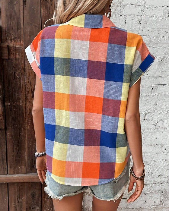 Colorful plaid print casual short-sleeved shirt