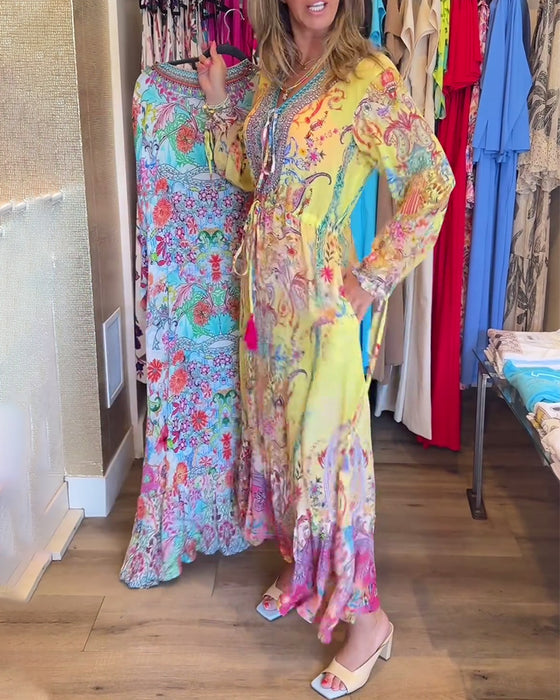 Long sleeve printed resort dress