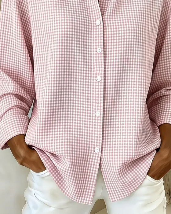 V-Neck Plaid Button-Down Loose Casual Shirt