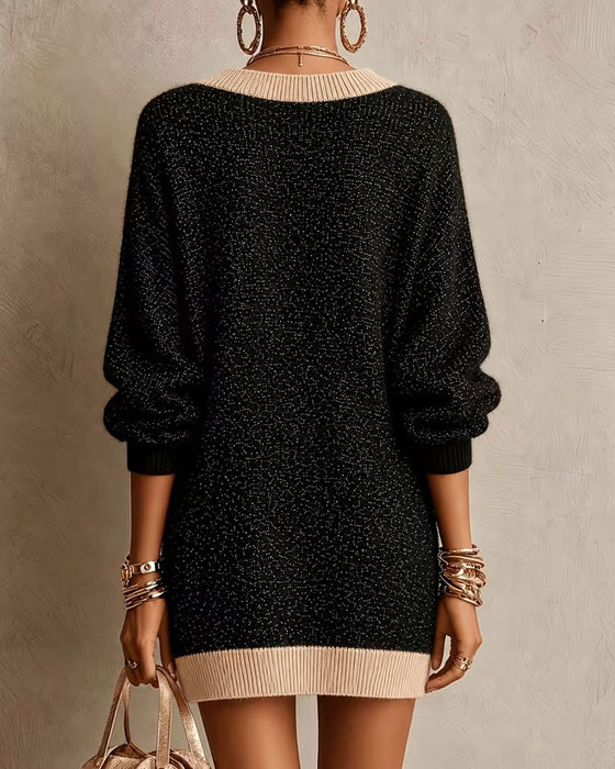 V-neck Long-sleeved Loose Knit Jumper Dress