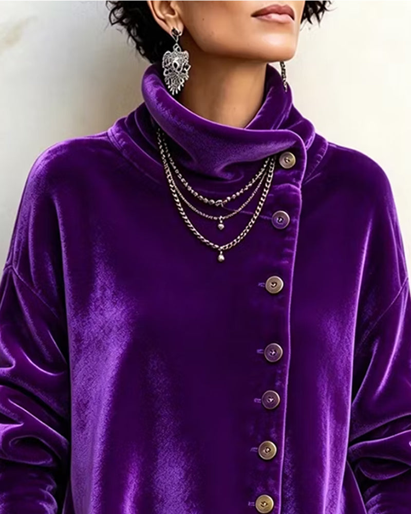 Stand Collar Diagonal Button Irregular Top
