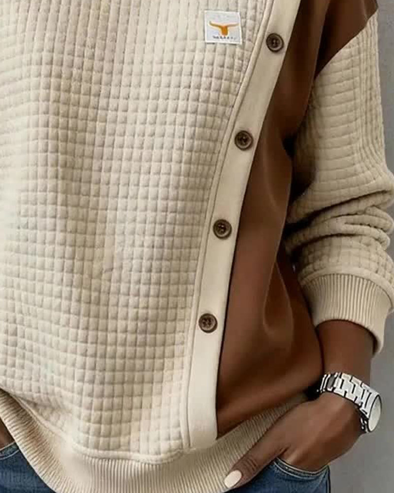 Long-Sleeved Waffle Color-Blocked Sweatshirt