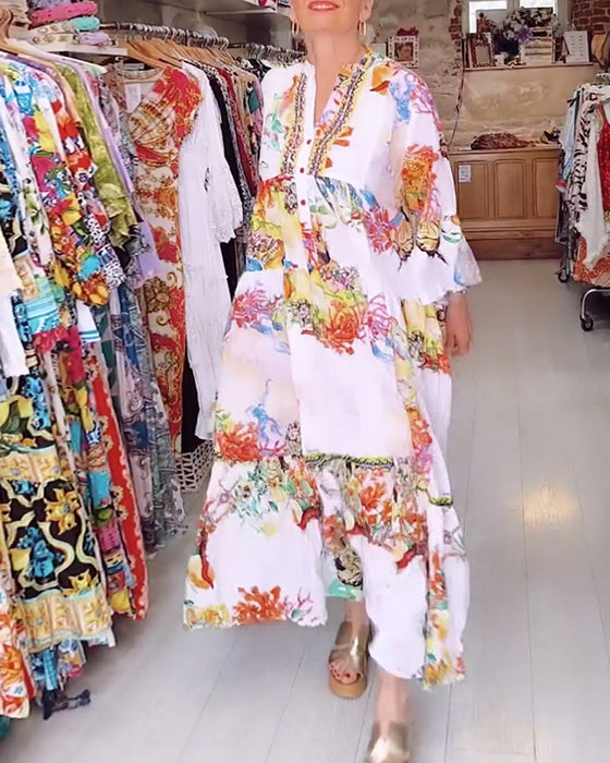 Boho printed button patchwork dress