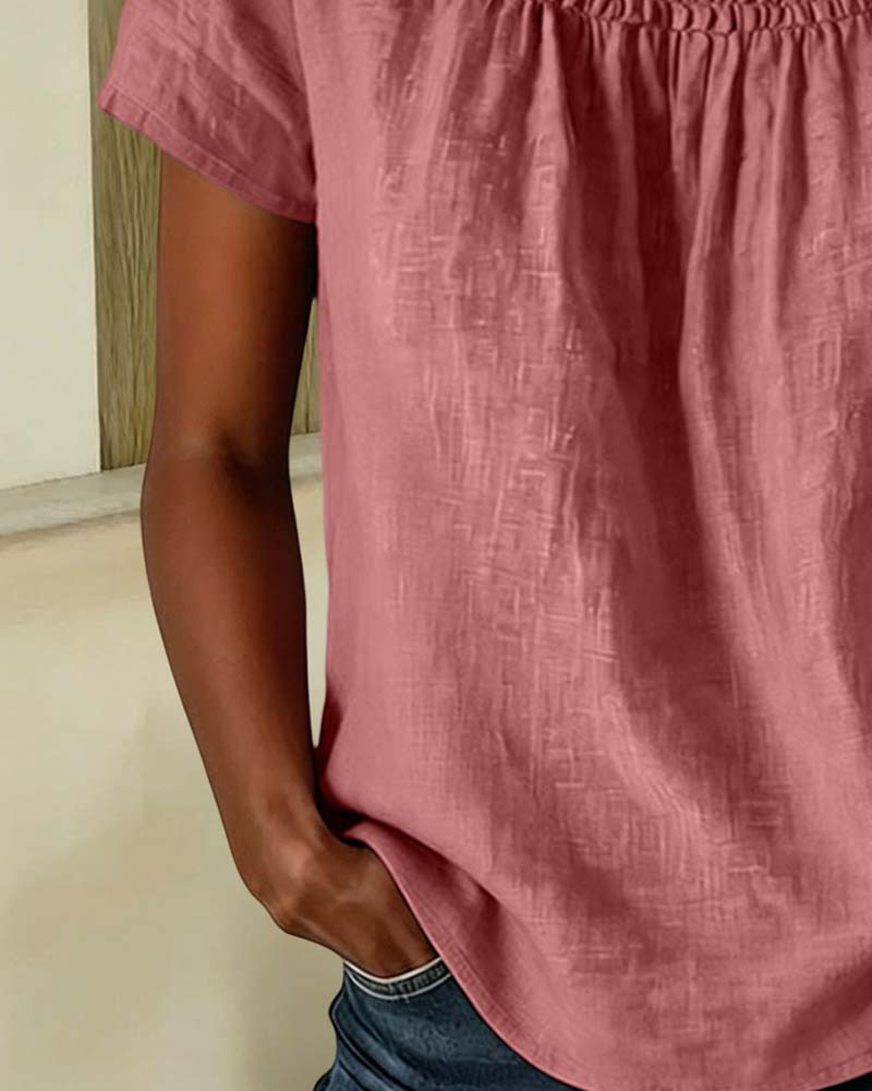 Square Neck Shirred Short Sleeve Blouse