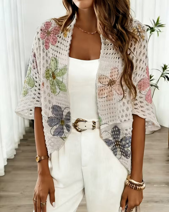 Hollow Out Floral Print Knit Cardigan