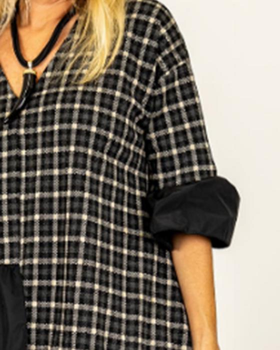 Short-Sleeved Plaid V-Neck Patchwork Dress