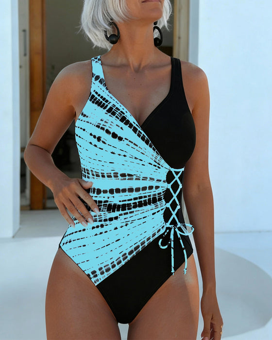 Color-Blocked Polka Dot One-Piece Swimsuit