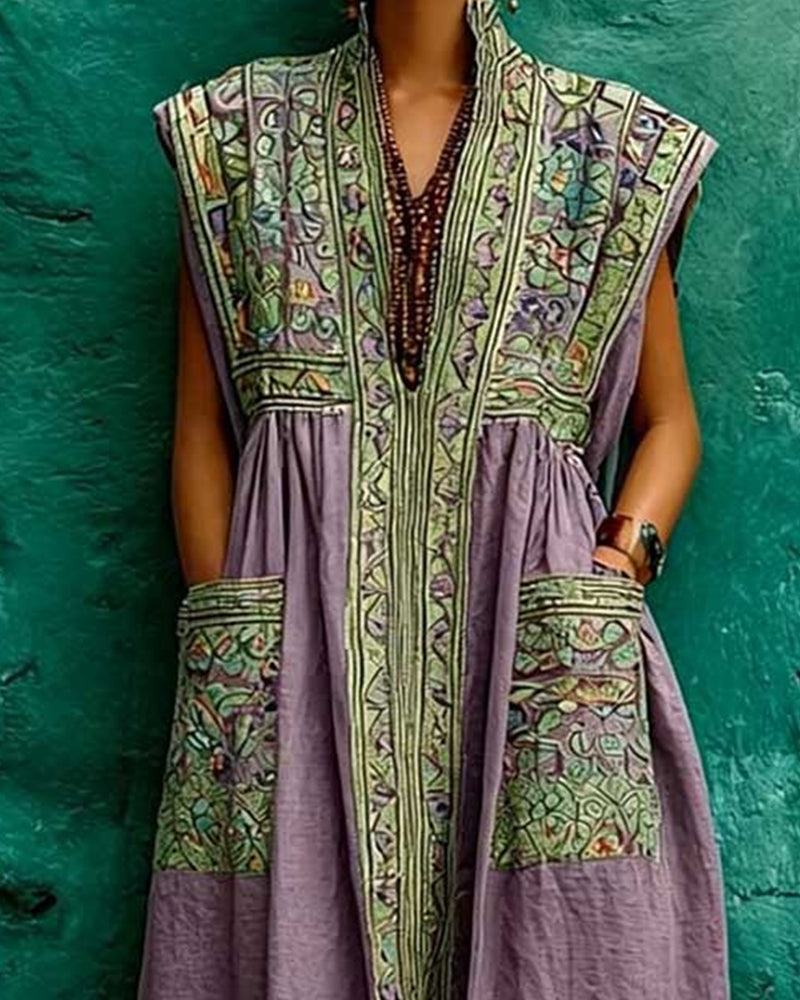 Retro Print Pocket Sleeveless Long Dress