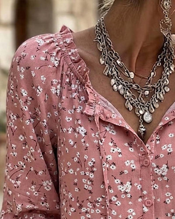 V-Neck Floral Strappy Ruffle Sleeve Blouse