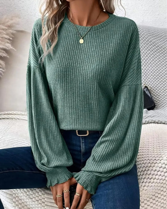 Crew Neck Drop Shoulder Lantern Sleeve Top