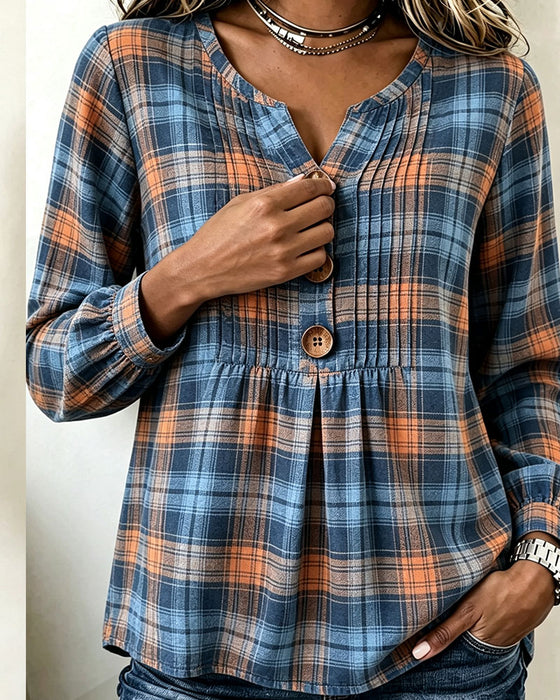 Three-Button Plaid Long-Sleeve Blouse