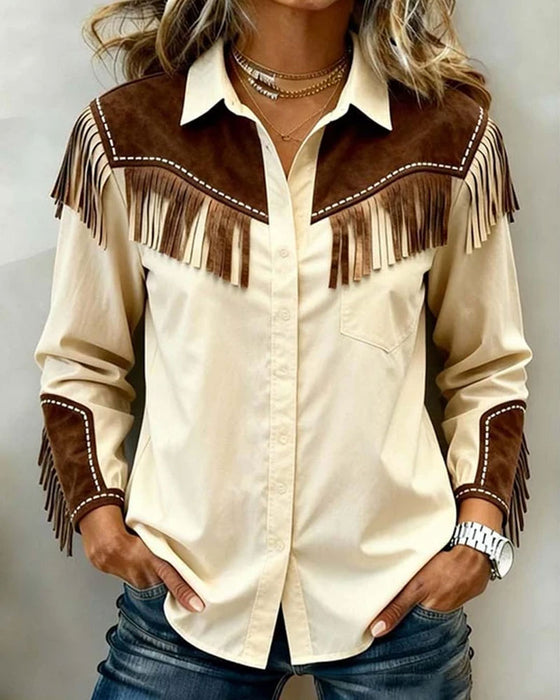 Fringed Splicing Contrast Color Long Sleeve Shirt