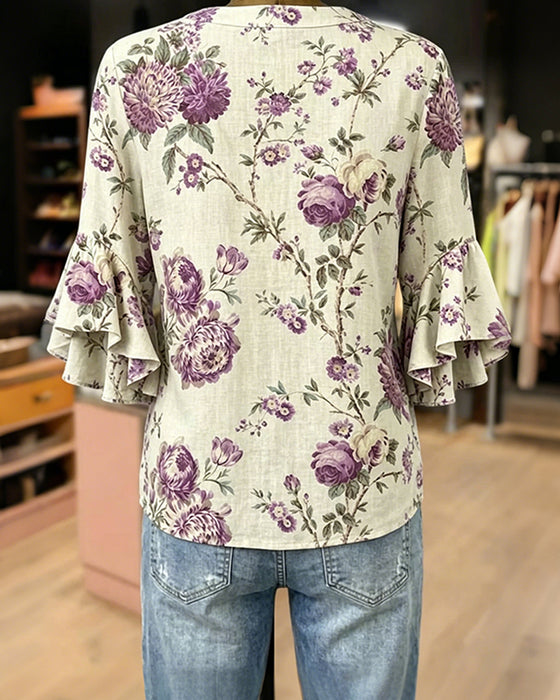 Rose Print Bell Sleeve Blouse