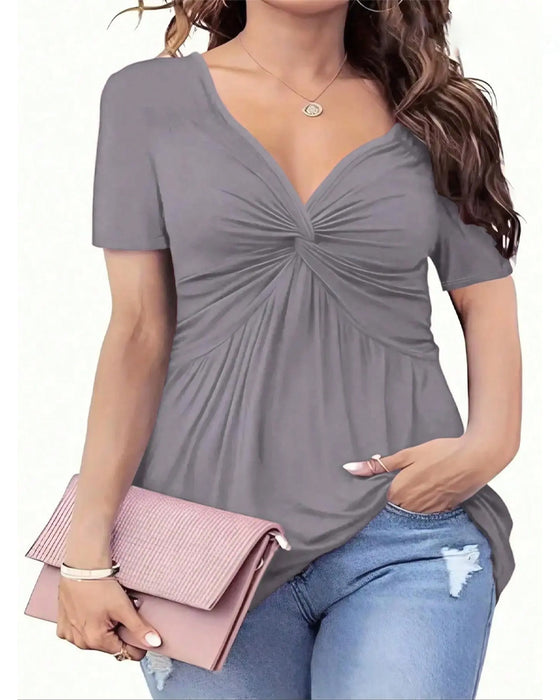V-neck Twisted Waist Solid Color T-shirt