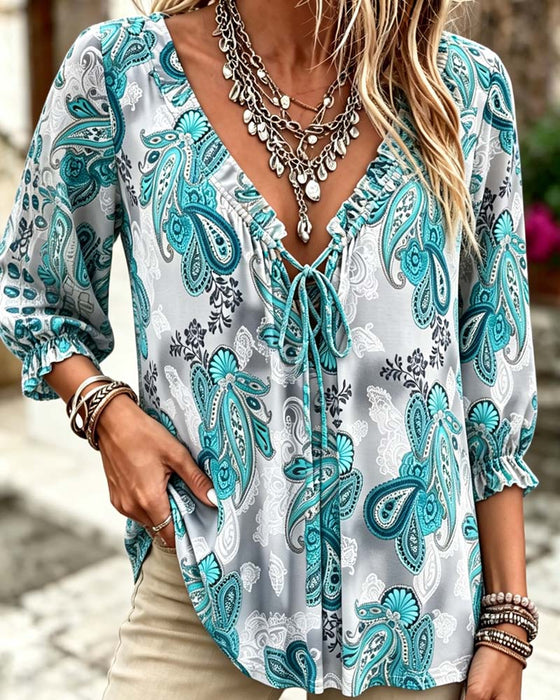 Paisley V-Neck Tie Blouses