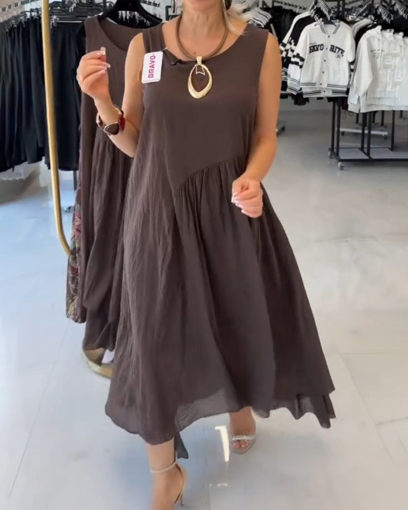 Round Neck Asymmetrical Sleeveless Flared Dress