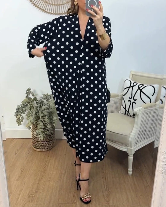 V-neck loose polka-dot dress