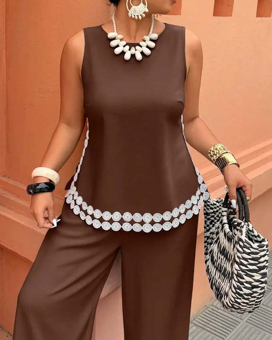 Sleeveless Crew Neck Top Wide Leg Long Pants Set