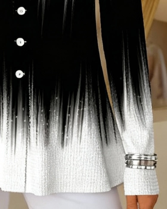 Gradient Button Round Neck Long-Sleeved Top