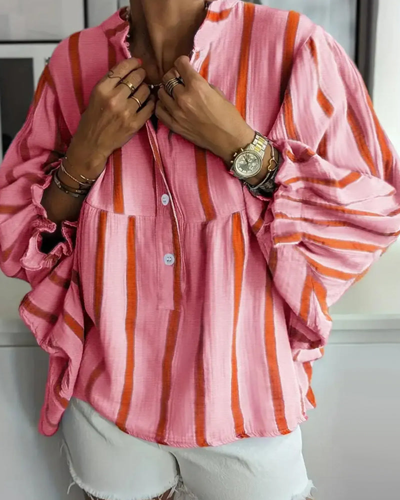 Striped Buttoned Bat Sleeve Top