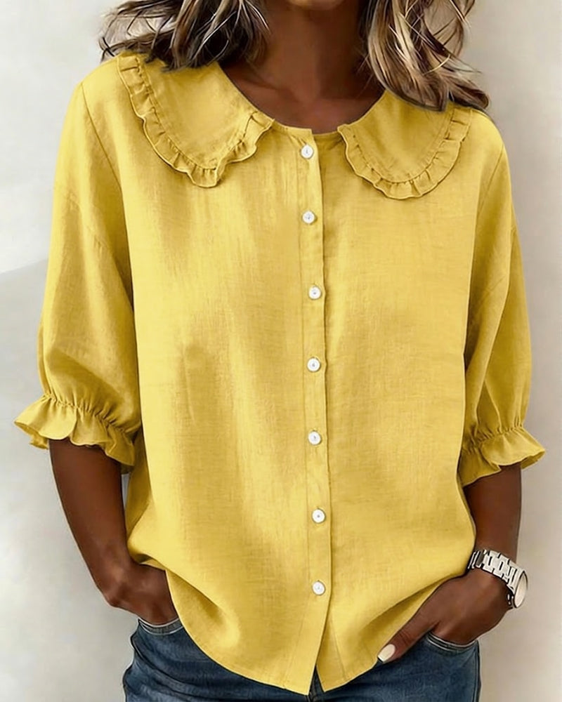 Peter Pan Collar Cotton Linen Ruffled Button-Front Shirt