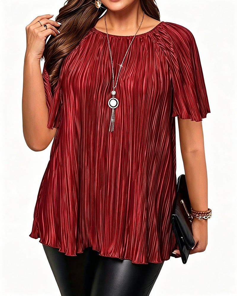 Plus Size Solid Pleated Short Sleeve T-Shirt
