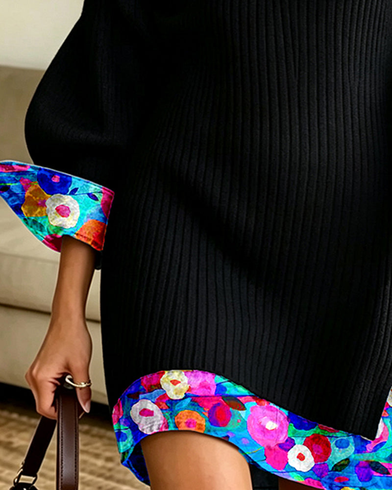 Mock Two-Piece Floral V-Lapel Knit Short Mini Dress
