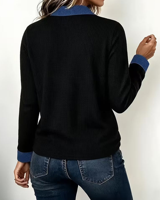 Relaxed Denim Collar Panel Long Sleeve Blouse
