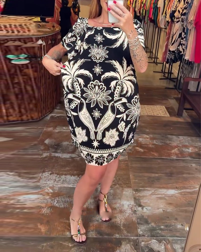 Wide Collar Straight Across Neck Print Dress