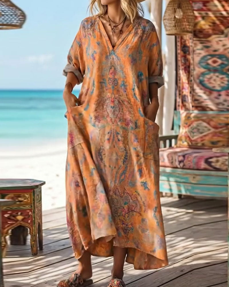 Retro Floral Print V-Neck Maxi Dress