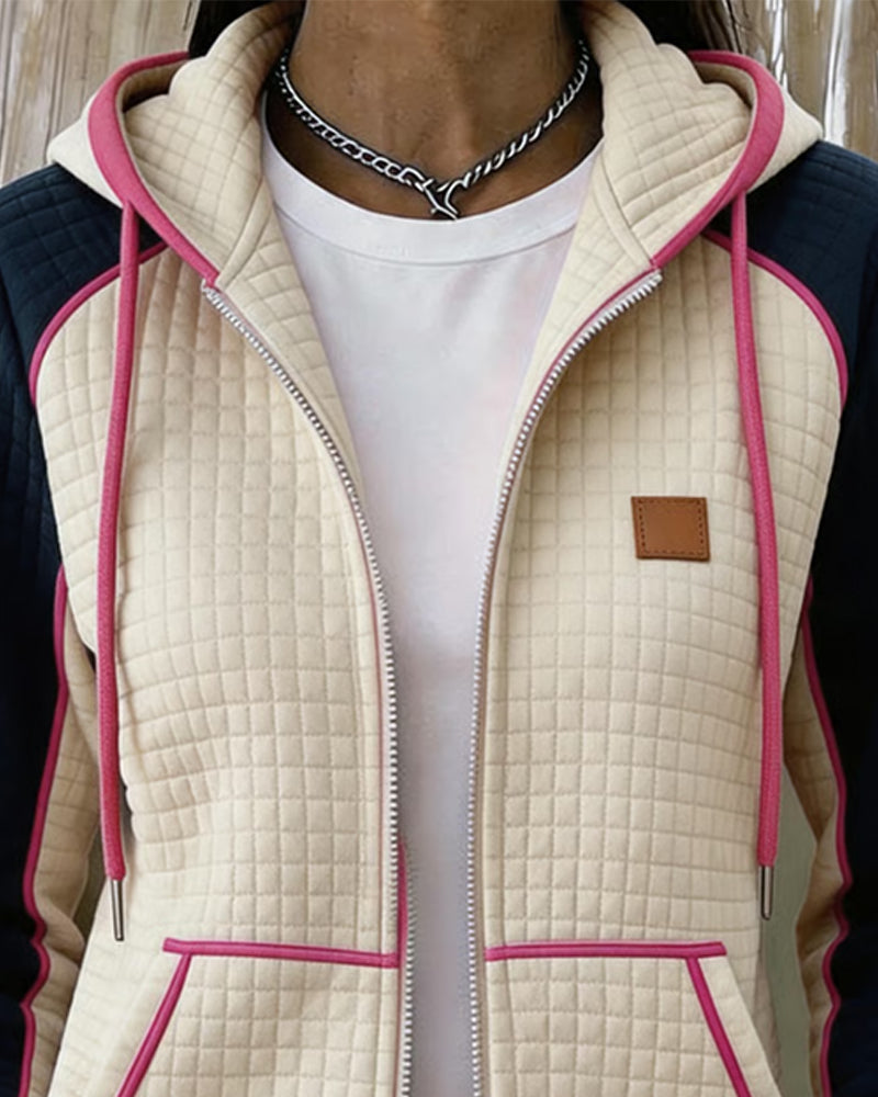 Color Block Waffle Hooded Zip Coat