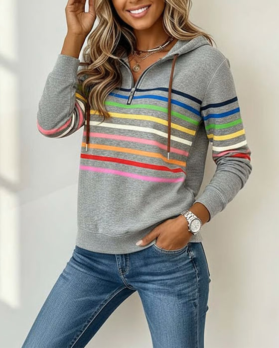 Zippered Rainbow Striped Hoodie