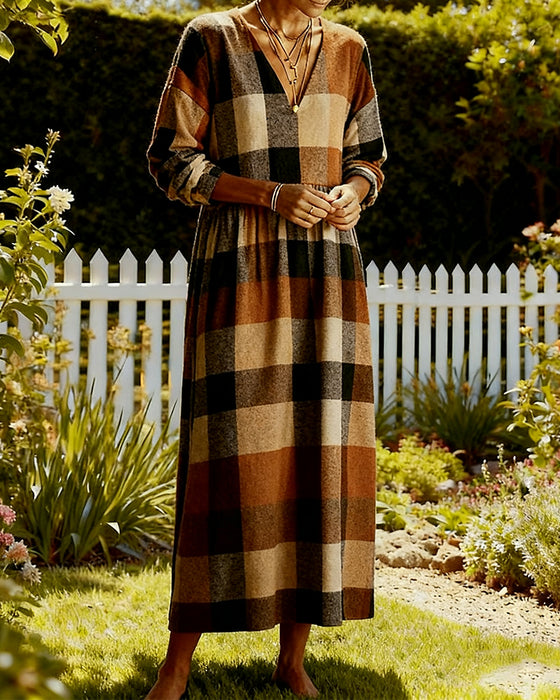Fashionable Plaid V-Neck Dress