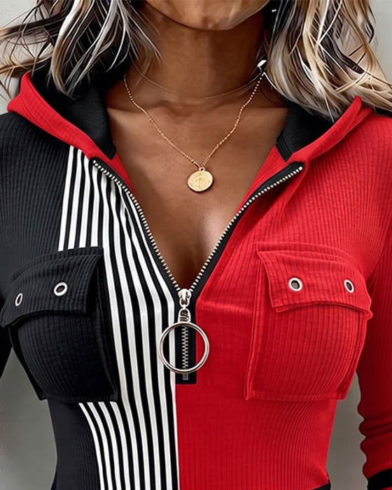 Color Block Vertical Striped Half Zip Hooded Top