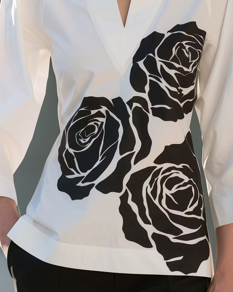 V-Neck Floral Print Blouse
