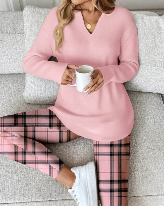 V-Neck Solid Top + Plaid Pants Loungewear Set