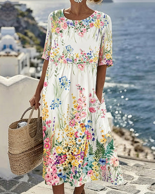 Round Neck Watercolor Floral Dress