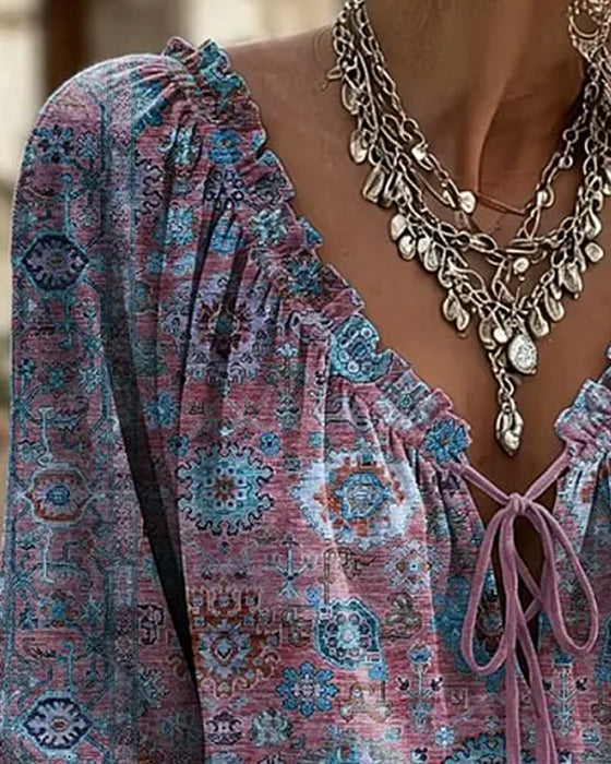 V-Neck Tie Vintage Print Blouse